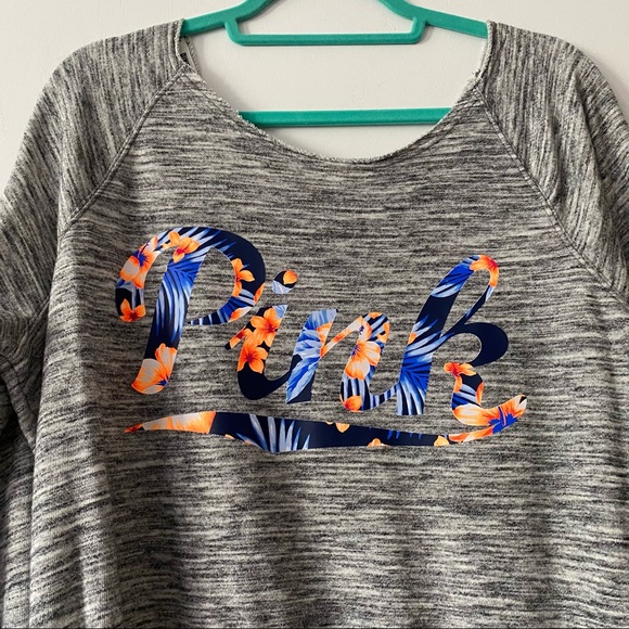 Victoria’s Secret PINK Grey Off the Shoulder Tropical Floral Logo Sweatshirt - Picture 3 of 5